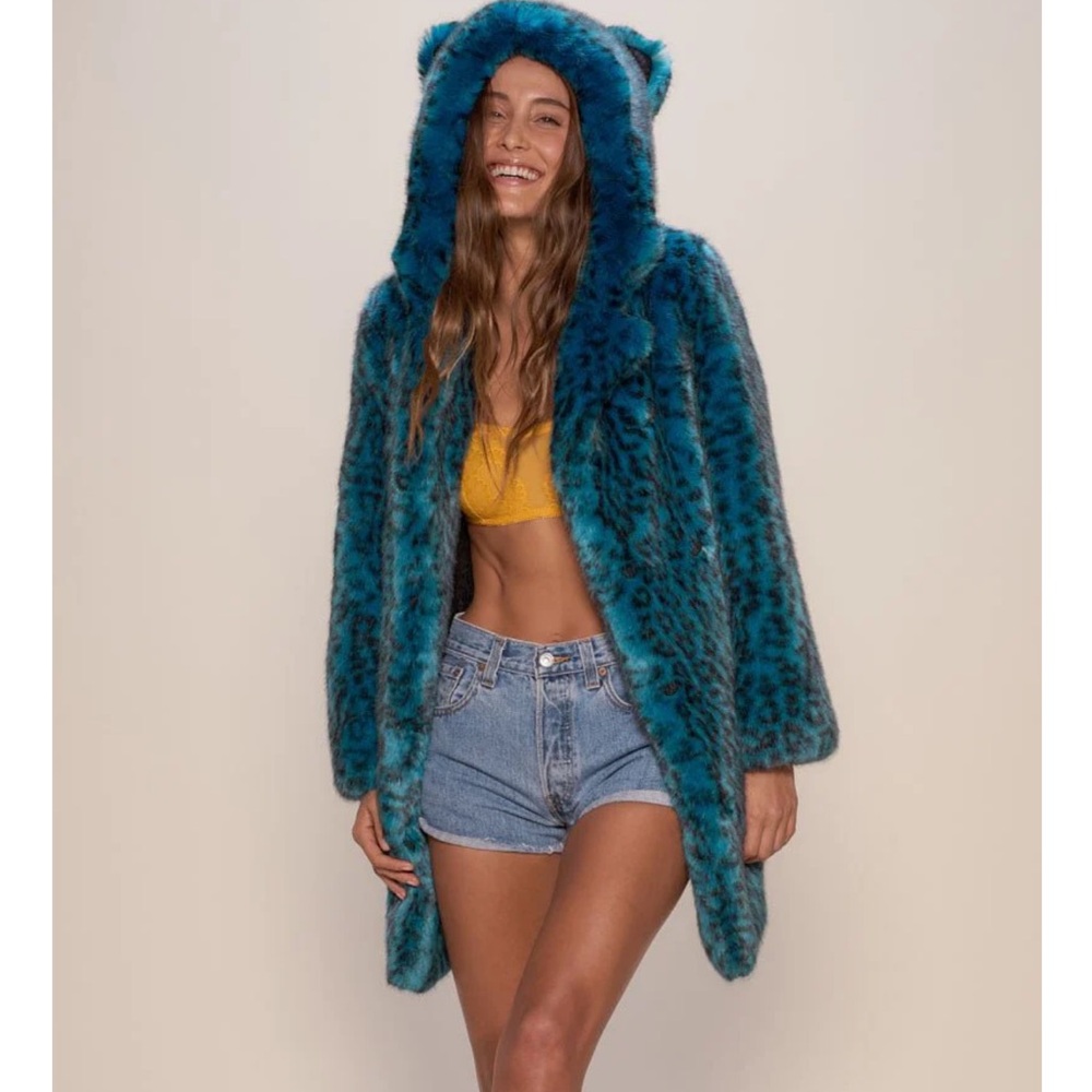 Spirithoods CLASSIC ICE LEOPARD LUXE FAUX FUR COAT Size XL Teal and Black